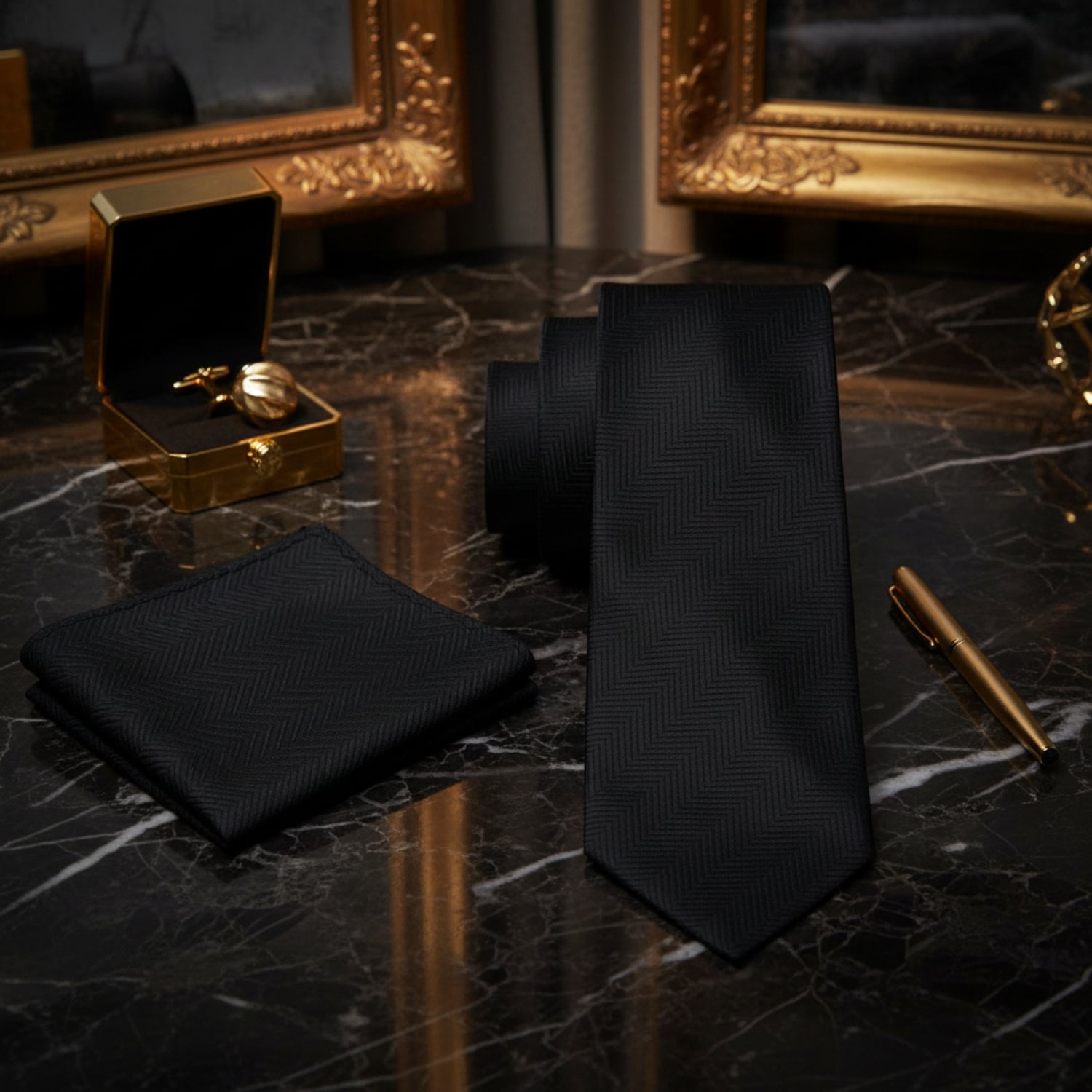 Alt View: A Solid Black Pattern Necktie, Matching Pocket Square