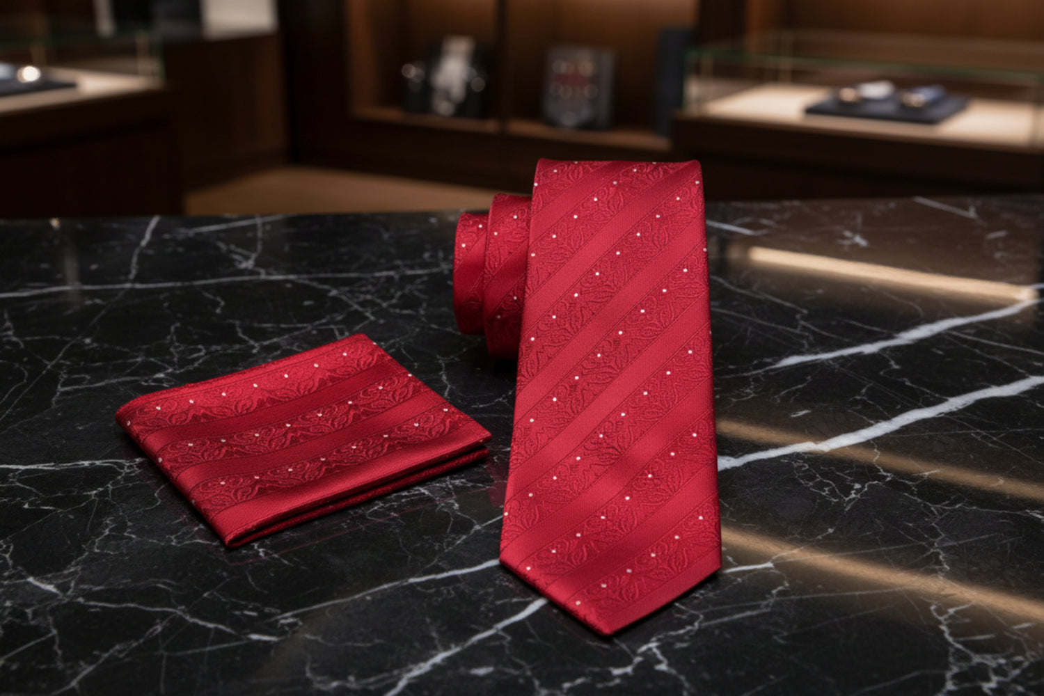Alt View: Sparkling Red Detailed Floral Tie and Pocket Square