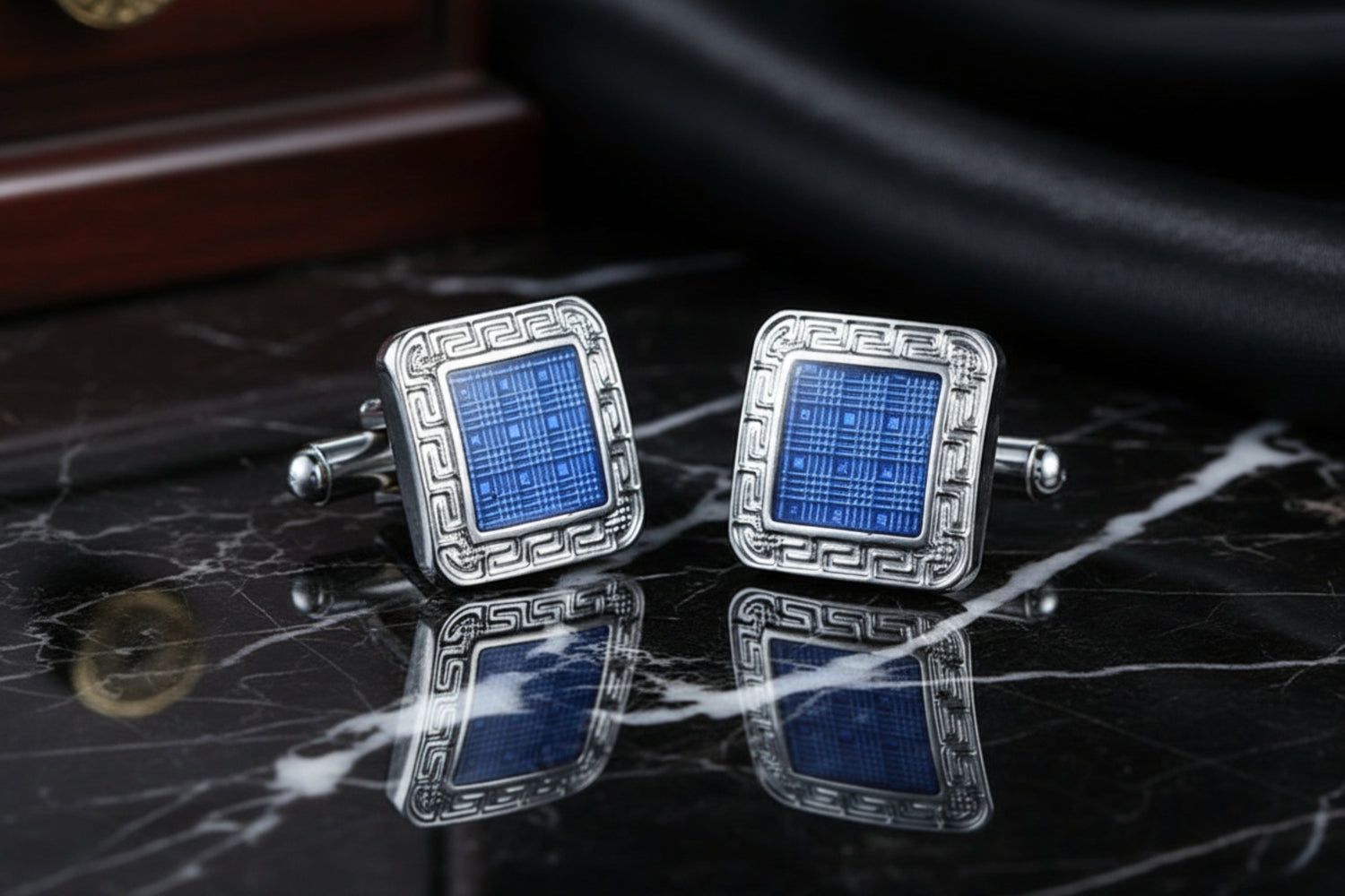 A Chrome and Blue Colored Square with Geometric Waves Pair of Cuff-links