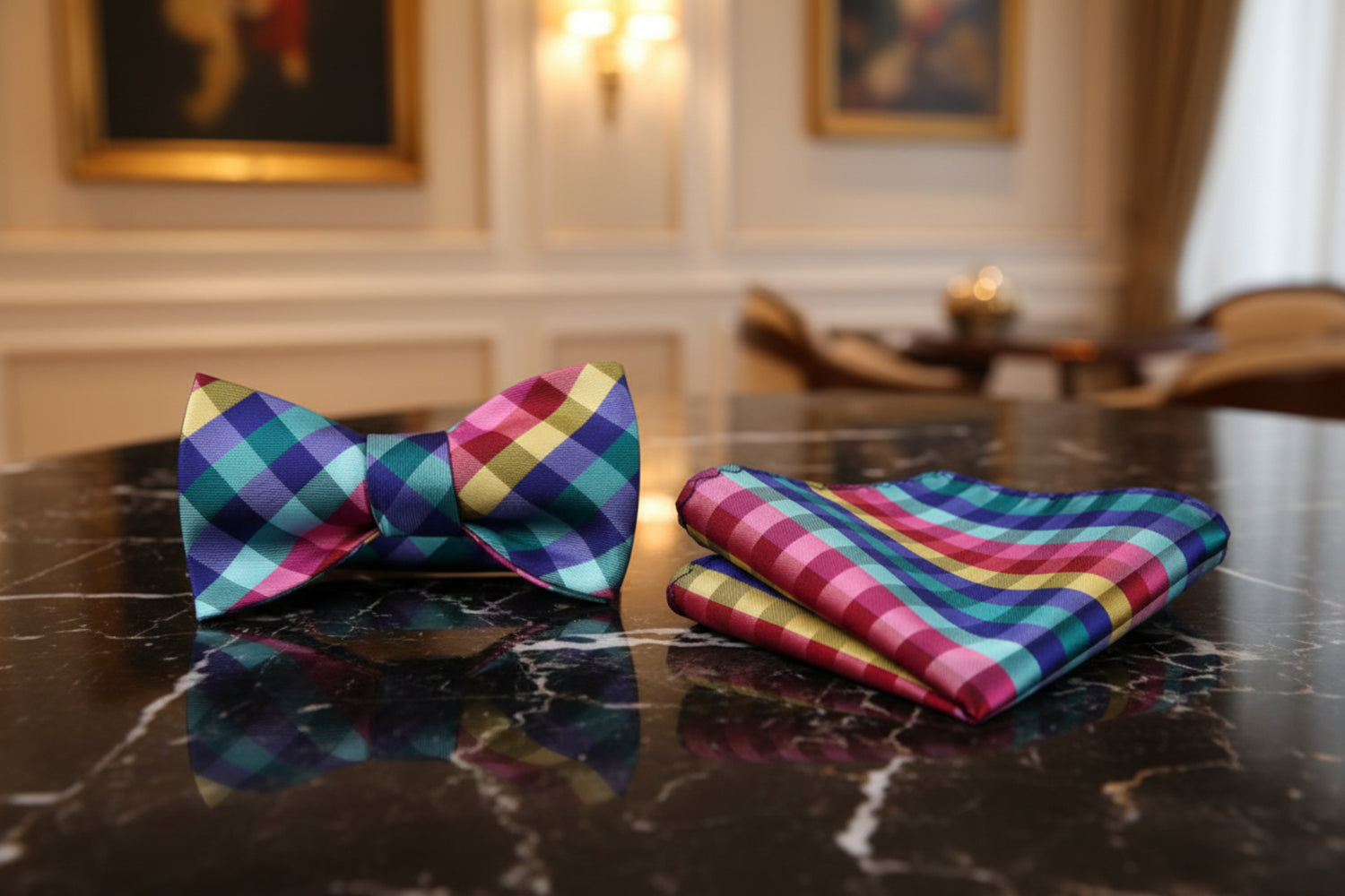 A Red, Blue, Yellow, Green Geometric Diamond Pattern Pre Tied Bow Tie, Matching Pocket Square