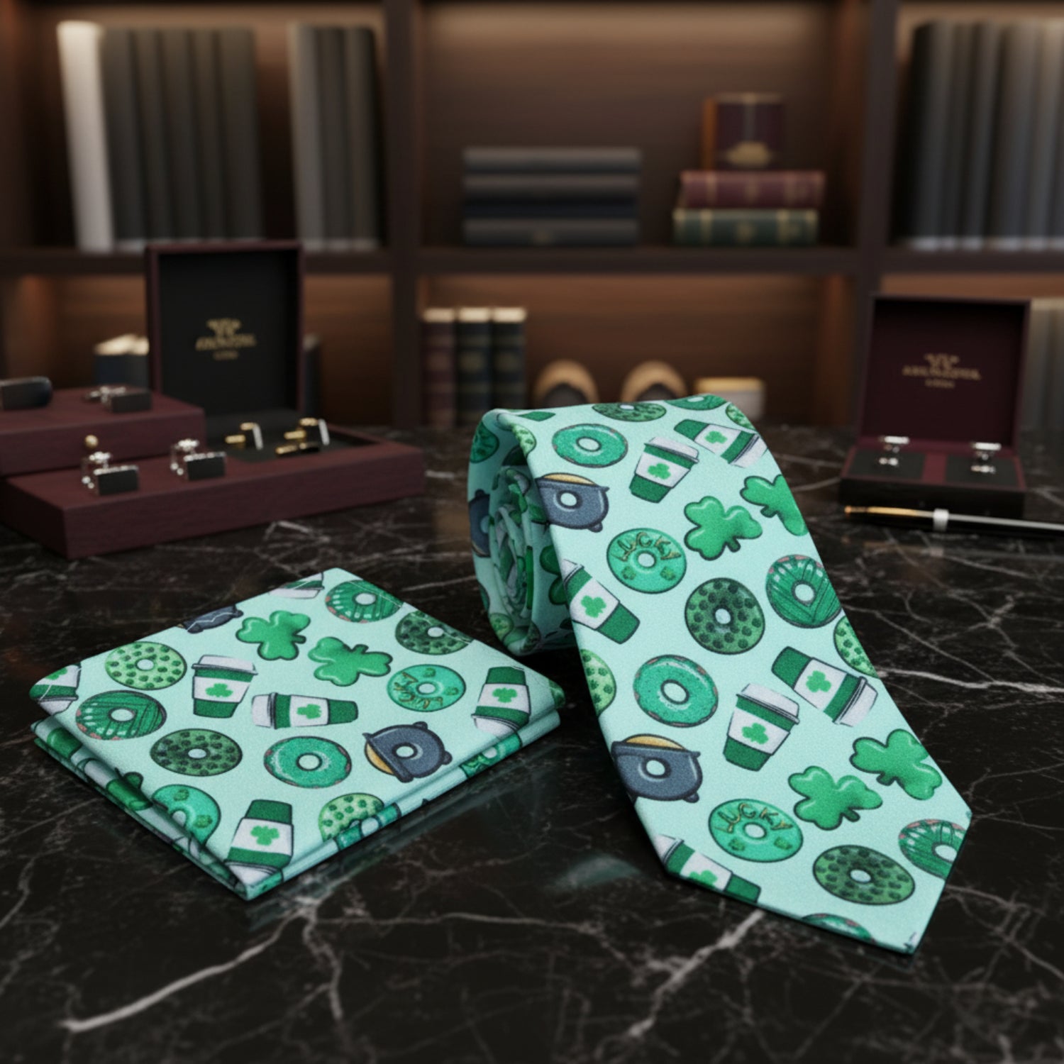 View 2: Light Green, Green Coffee, Donuts and Clovers Tie and Square