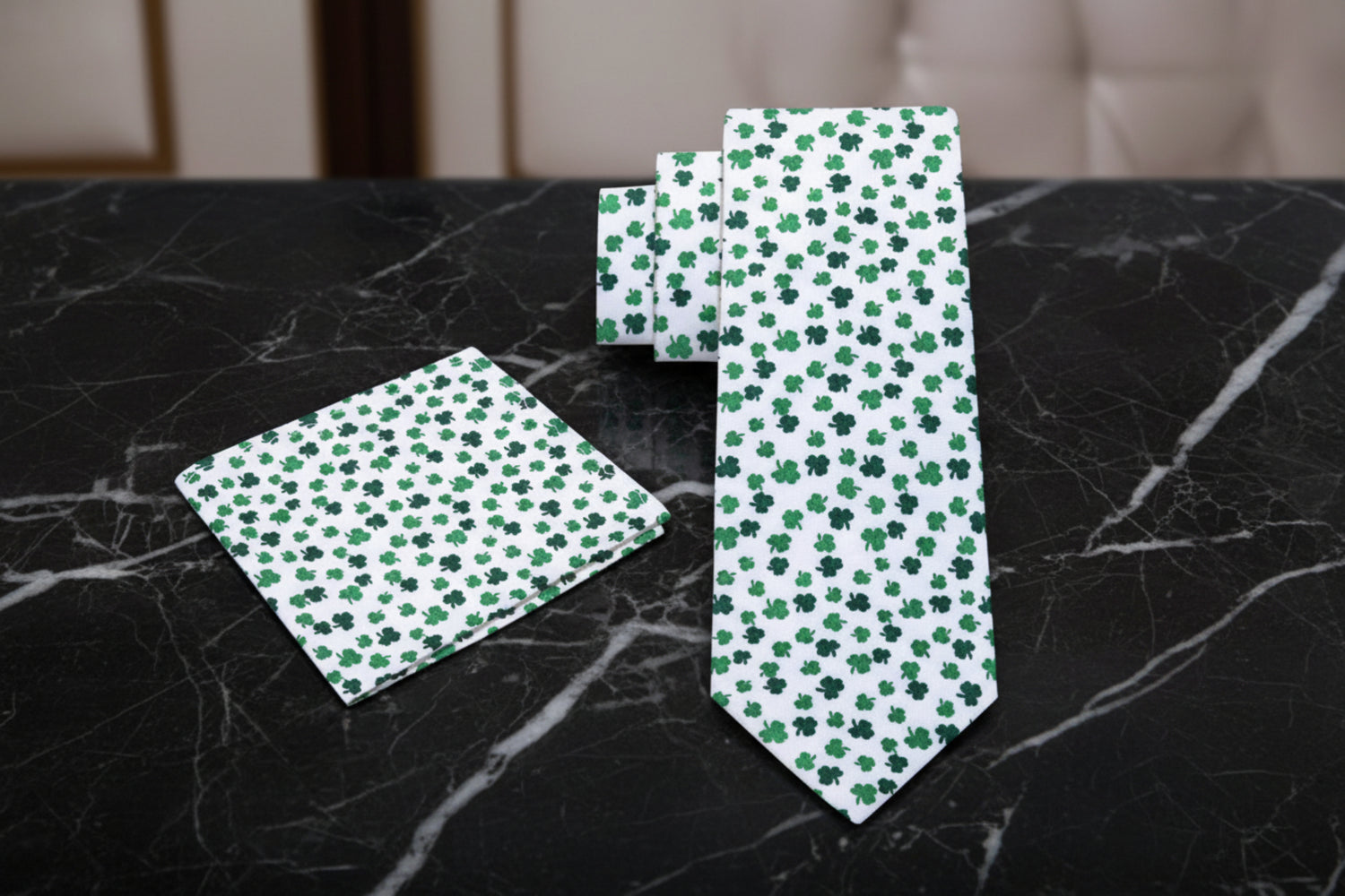 View 2: White and Green Four Leaf Clovers Tie and Pocket Square
