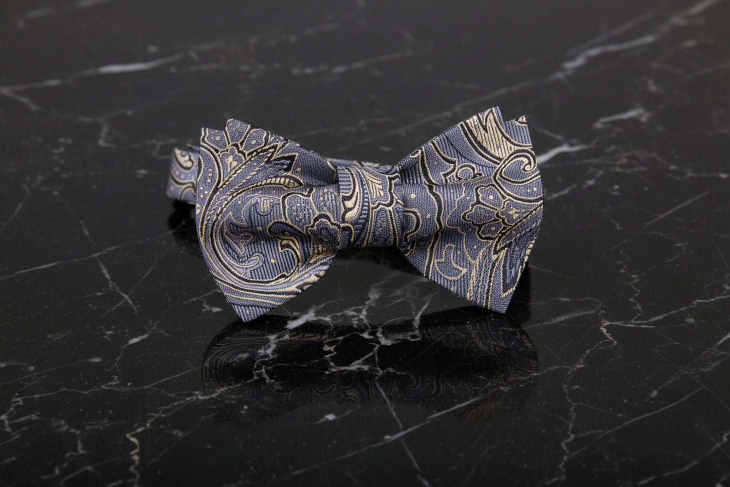 A Grey, Cream, Black Intricate Paisley Pattern Self-Tie Bow Tie 