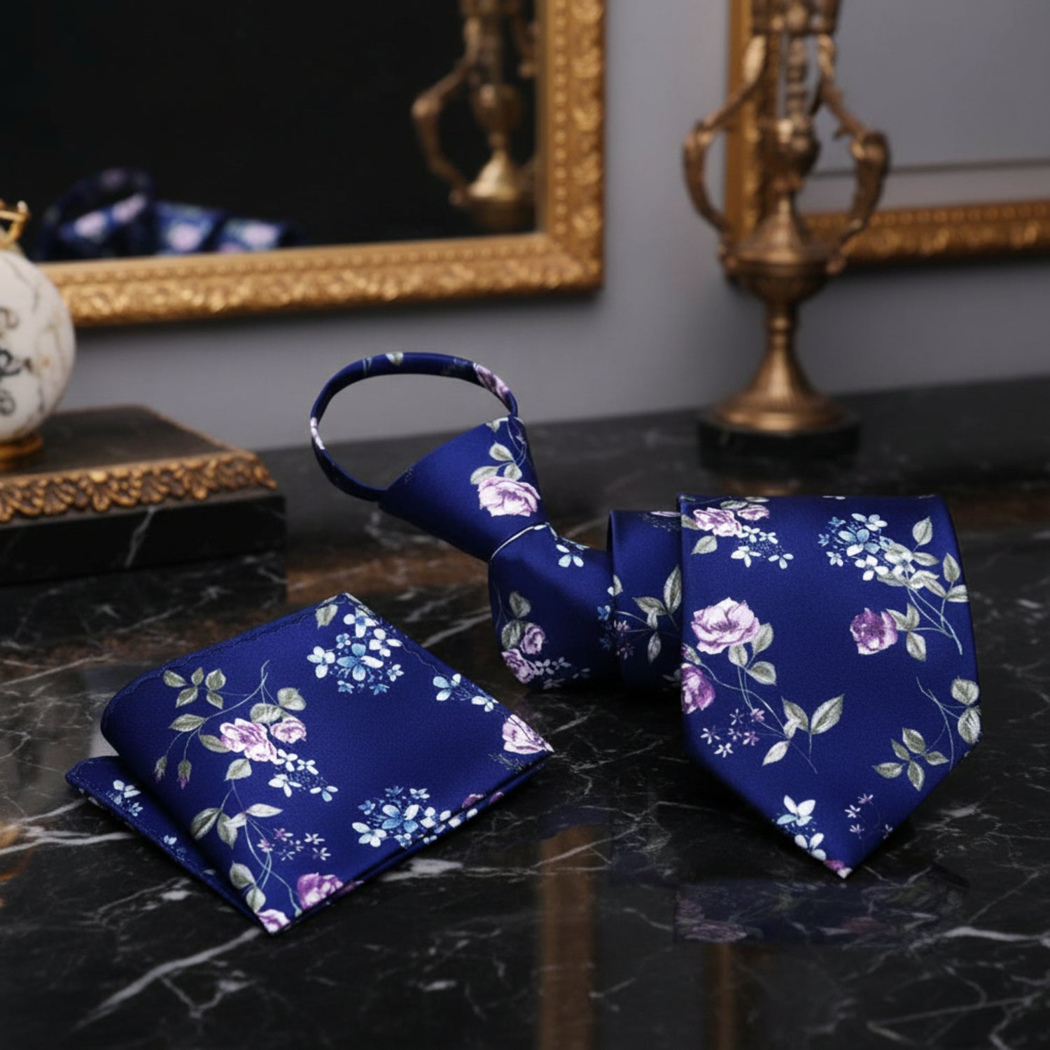 Zipper A Dark Blue, Green and Pink Floral Pattern Necktie With Matching Pocket Square