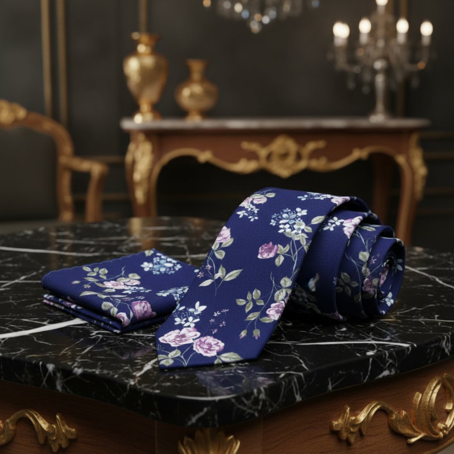 A Dark Blue, Green and Pink Floral Pattern Necktie With Matching Pocket Square