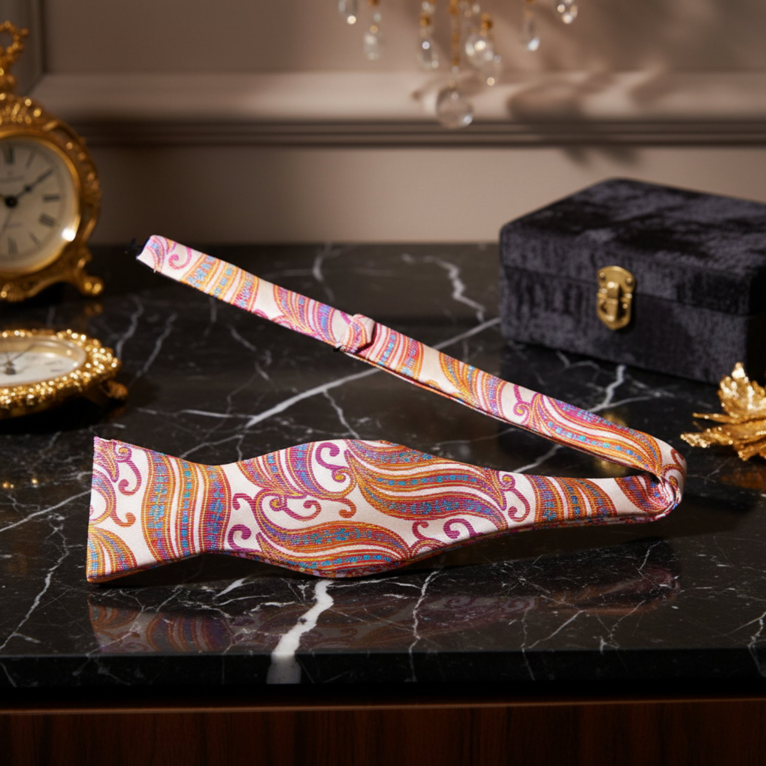 Light Yellow, Pink Abstract Bow Tie Self Tie