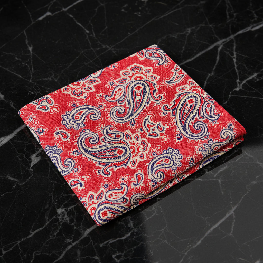 A Sunset Red and Gold Paisley Pocket Square
