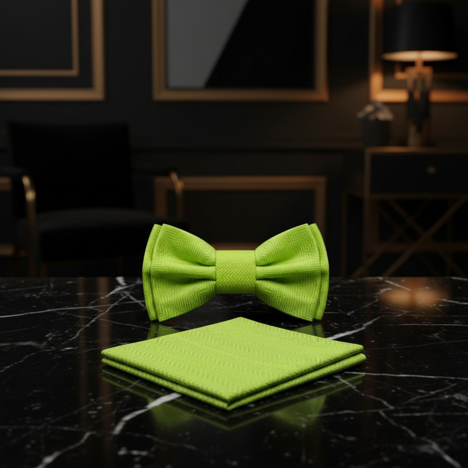A Sweet Lime Green Pattern Self Tie Bow Tie, Matching Pocket Square