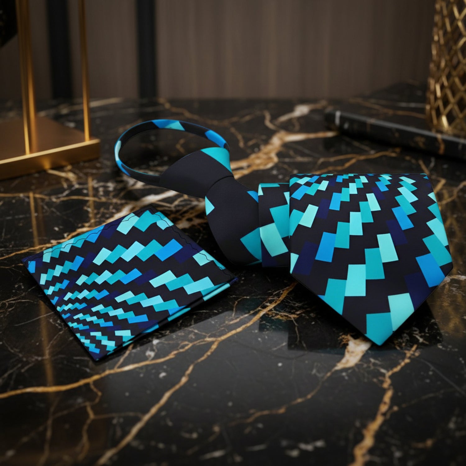 Zipper Light Blue, Black Abstract Swirl Tie and Pocket Square