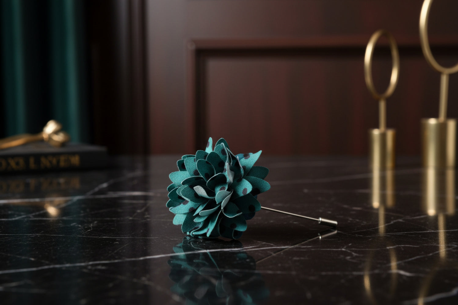 teal with black polka flower brooch