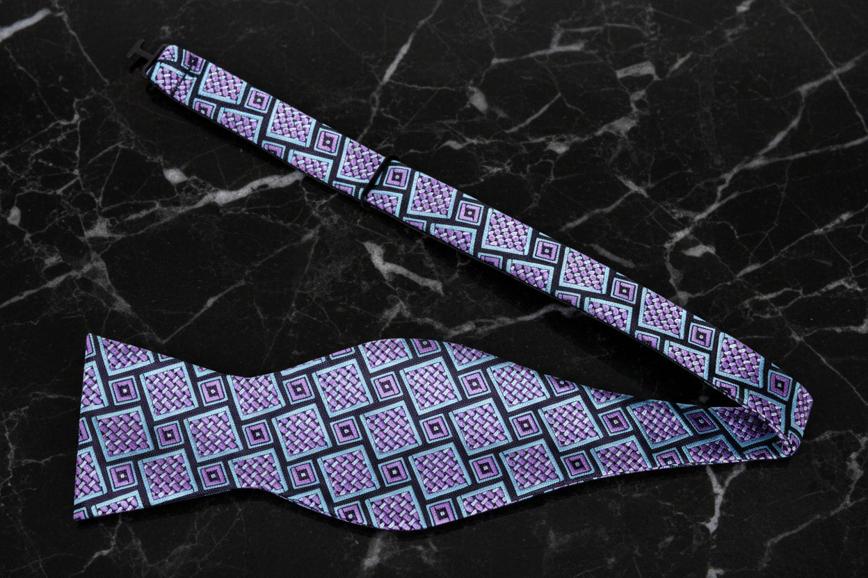 Untied View: A Grey, Teal, Purple Abstract Shapes Pattern Self Tie Bow Tie 