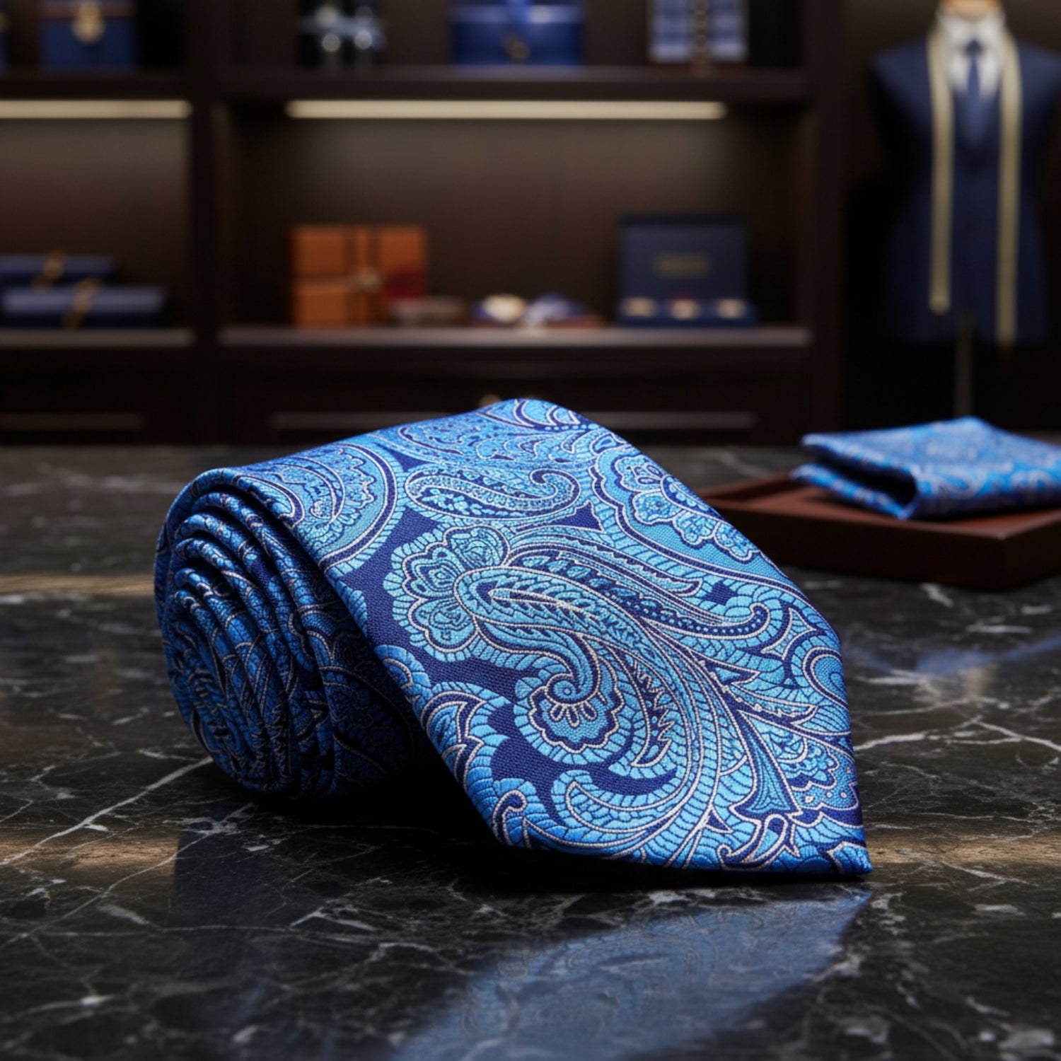 A Teal, Dark Blue Paisley Pattern Necktie 