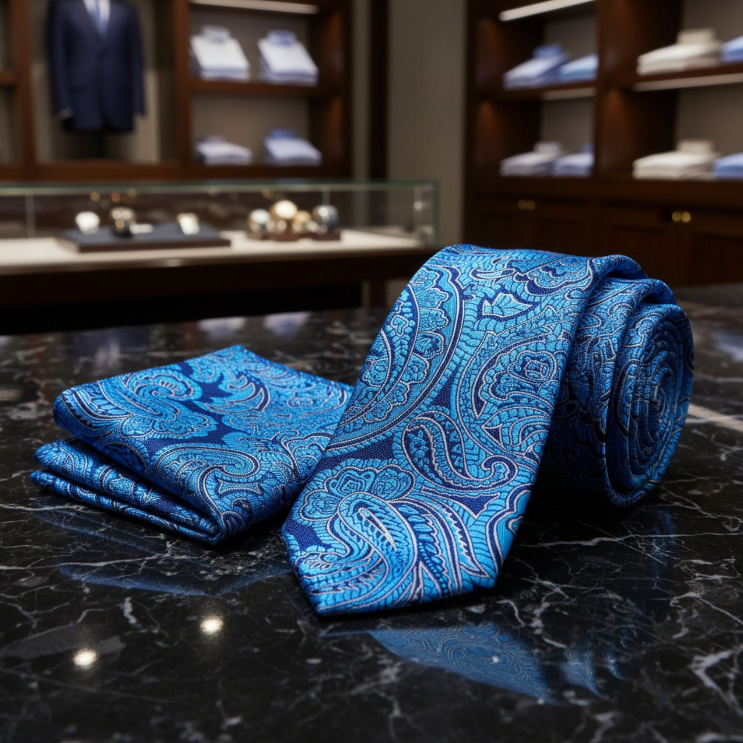 Alt View: A Teal, Dark Blue Paisley Pattern Necktie, Matching Pocket Square