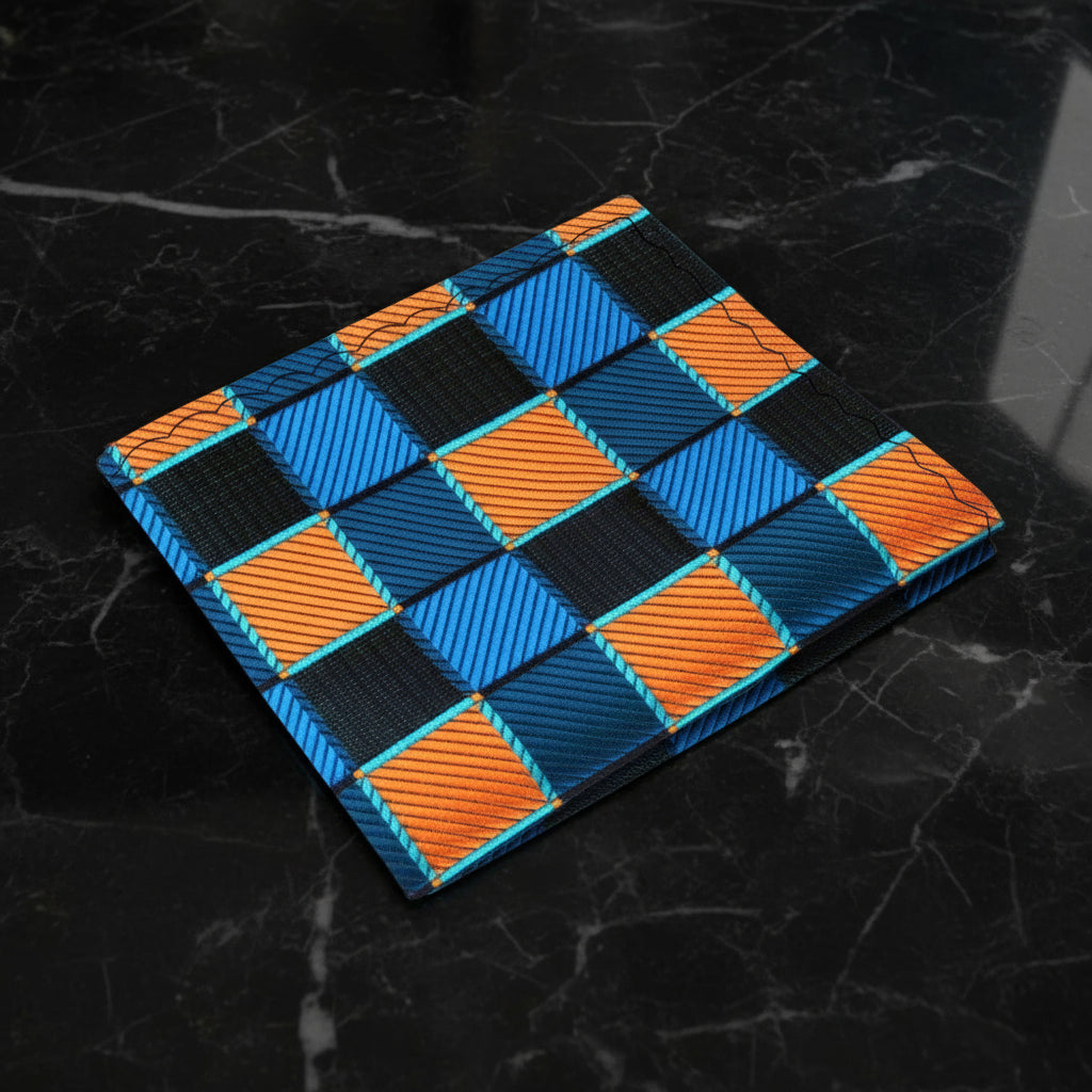 A Teal, Orange Geometric Squares Pattern Pocket Square