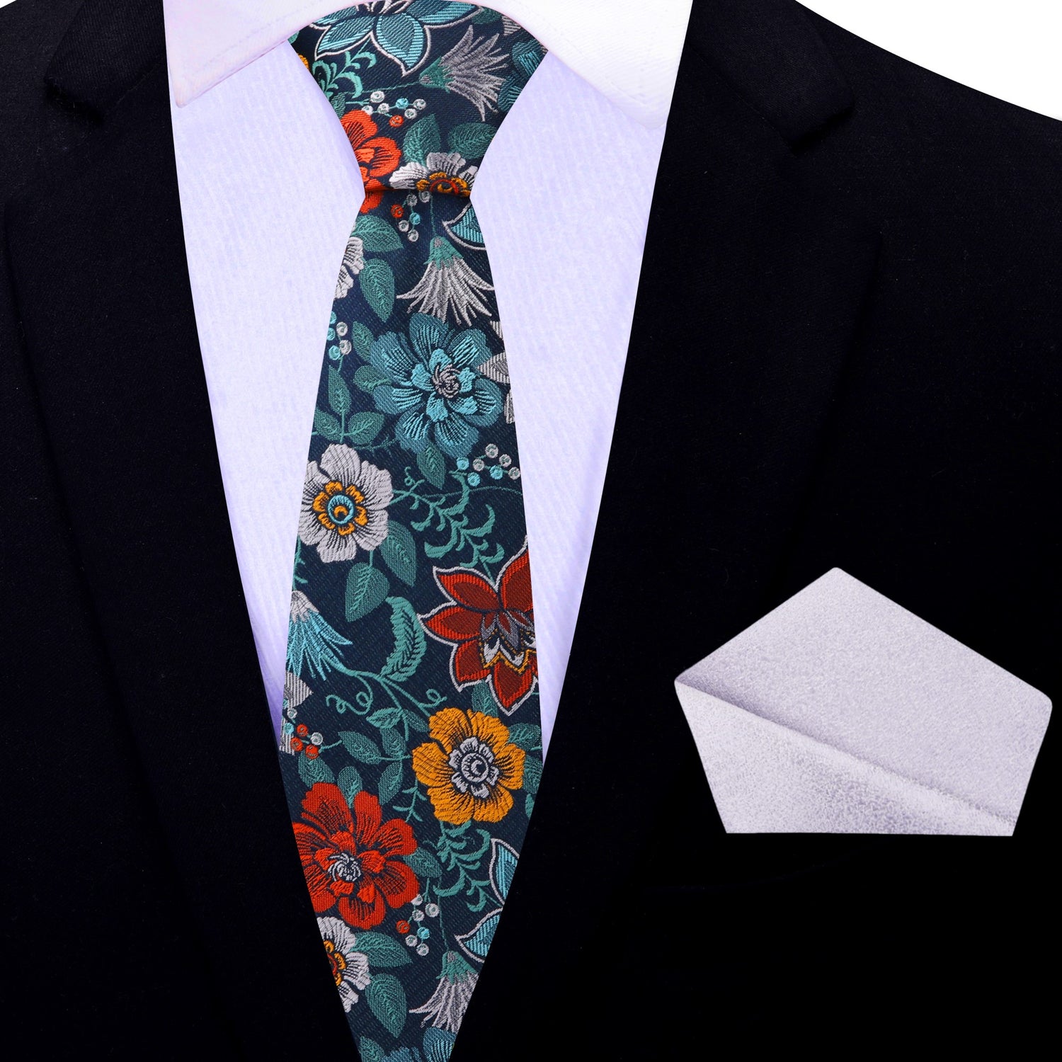 Thin Tie: Blue, Teal, Red, Orange and Grey Floral Necktie with Shimmer Silver Pocket Square