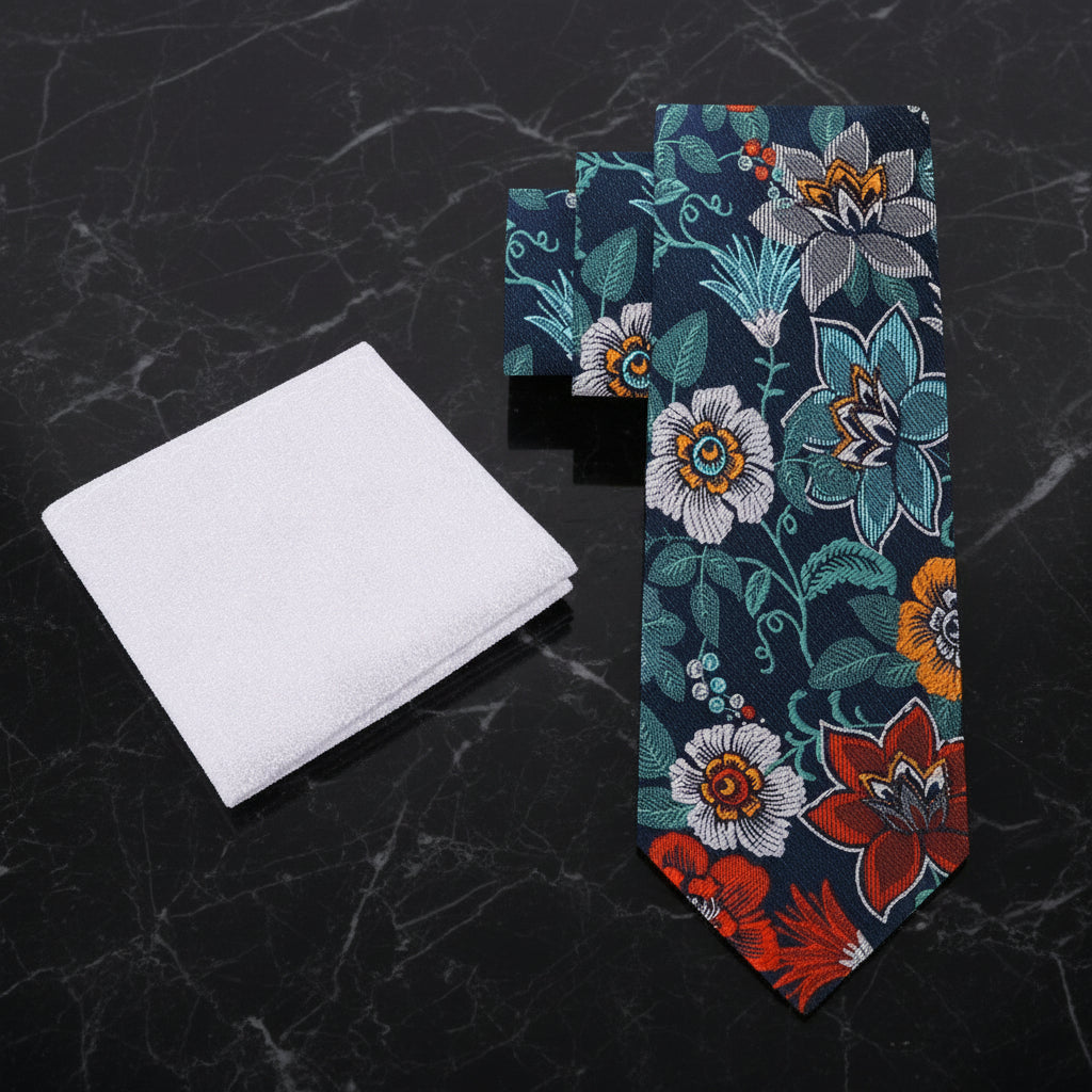 Alt View: Blue, Teal, Red, Orange and Grey Floral Necktie with Shimmer Silver Pocket Square