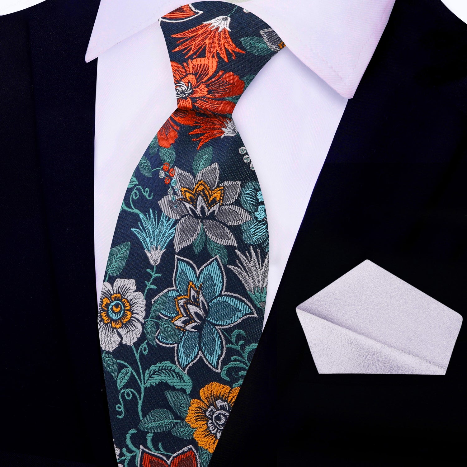 Blue, Teal, Red, Orange and Grey Floral Necktie with Shimmer Silver Pocket Square