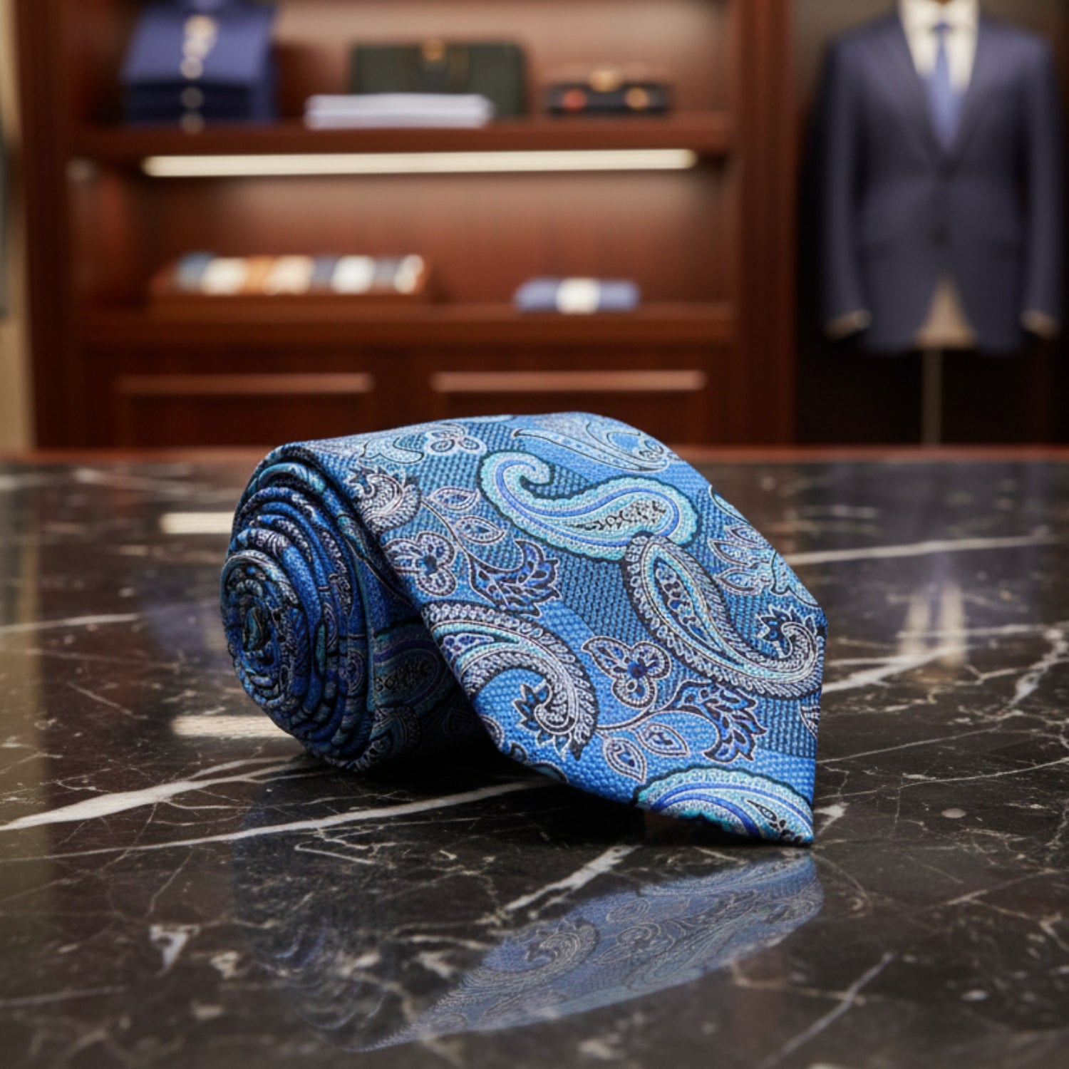 A Teal, Purple, Black Paisley Pattern Necktie 