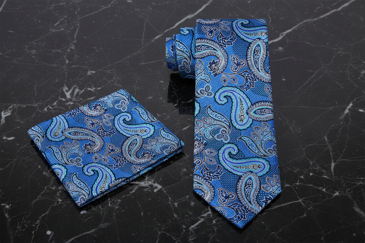 View 2: A Teal, Purple, Black Paisley Pattern Necktie, Matching Pocket Square