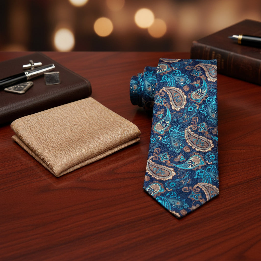 Alt View: A Rich Green, Brown, Tan Paisley Pattern Necktie, Gold Pocket Square