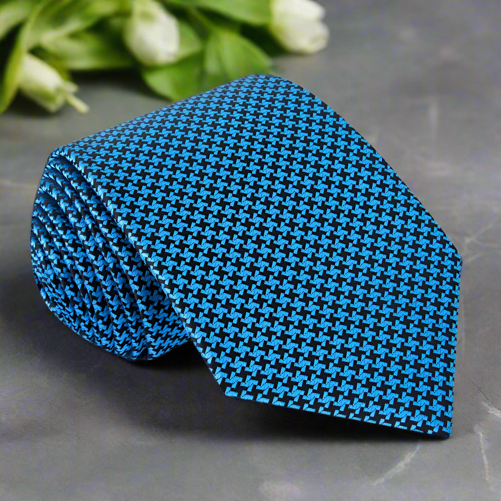 Teal, Black Hounds Tooth Tie||Teal