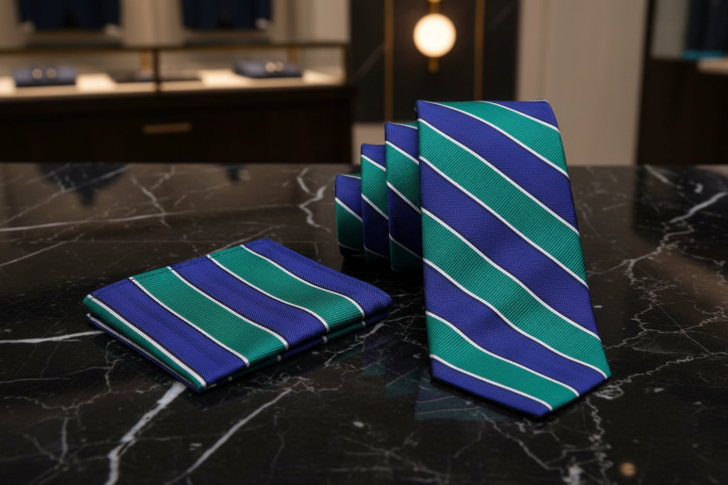 Teal, Blue Block Stripe Tie and Square||Green