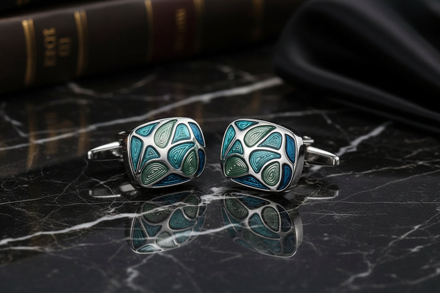 A Green and Chrome Colored Abstract Shape Stone Pair of Cuff-links