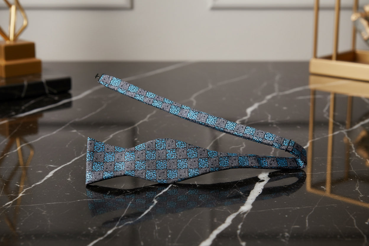 Grey, Teal Geometric Paisley Self Tie Bow Tie