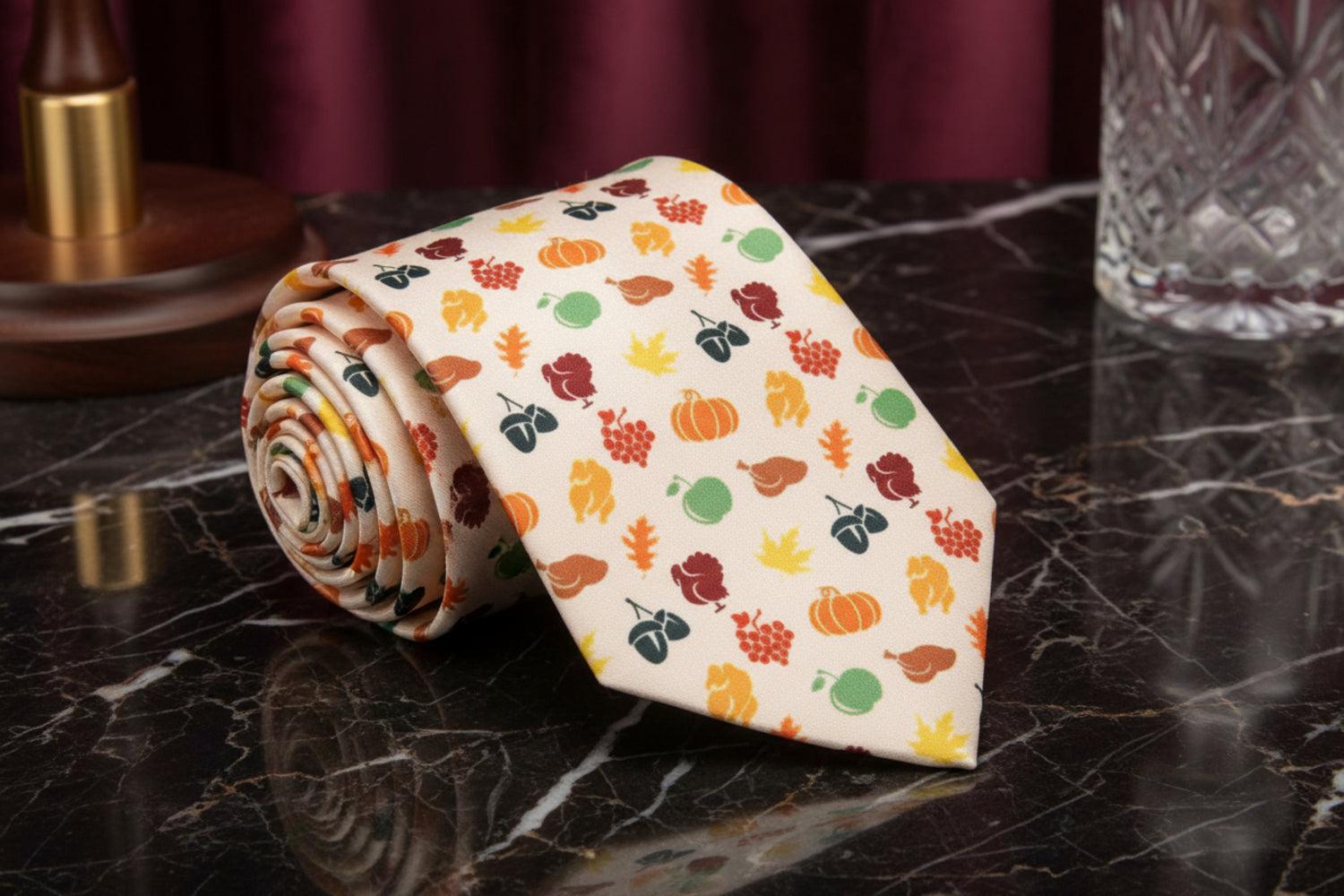 Cream, Orange, Green, Purple, Red Pumpkins, Turkey, Apple, Acorn Tie  