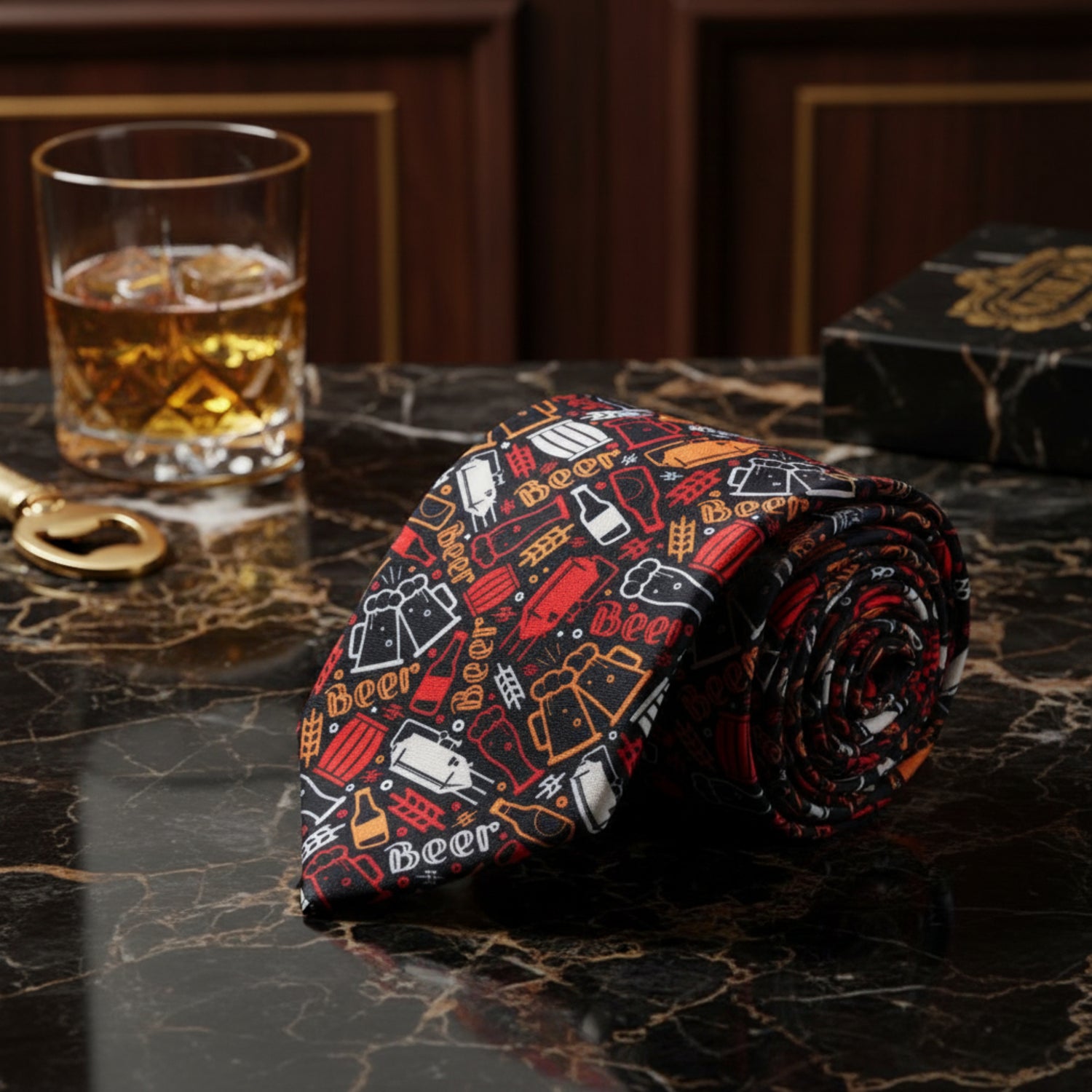 Black, Red, Orange, White Beer Themed Tie 