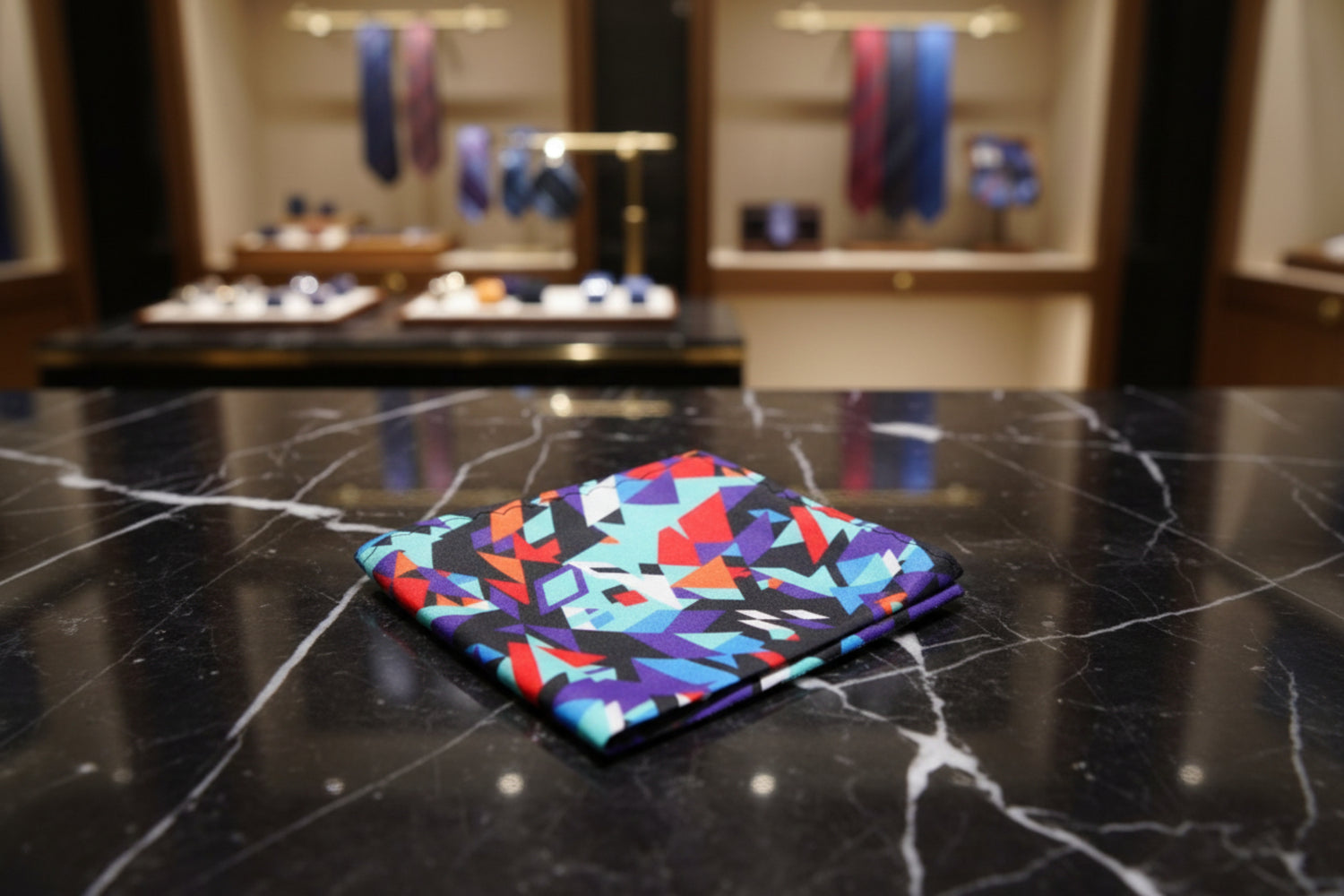Main View: Black, Red, Purple, Orange, Blue Abstract Digital Pocket Square