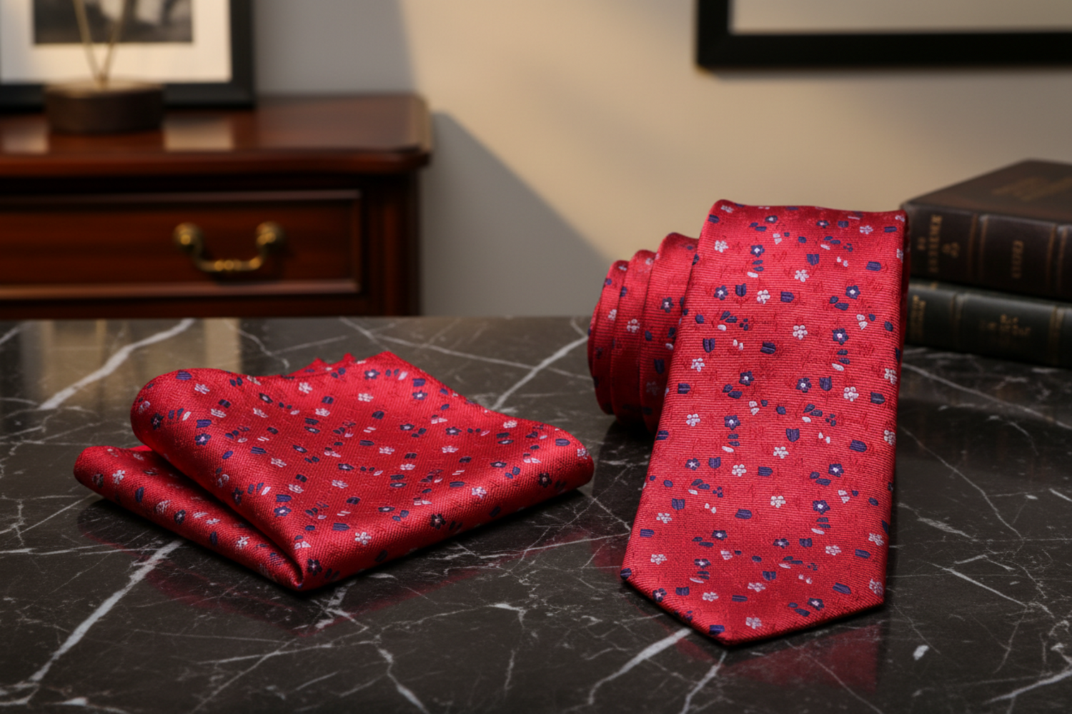 View 2: Red Floral Tie and Square