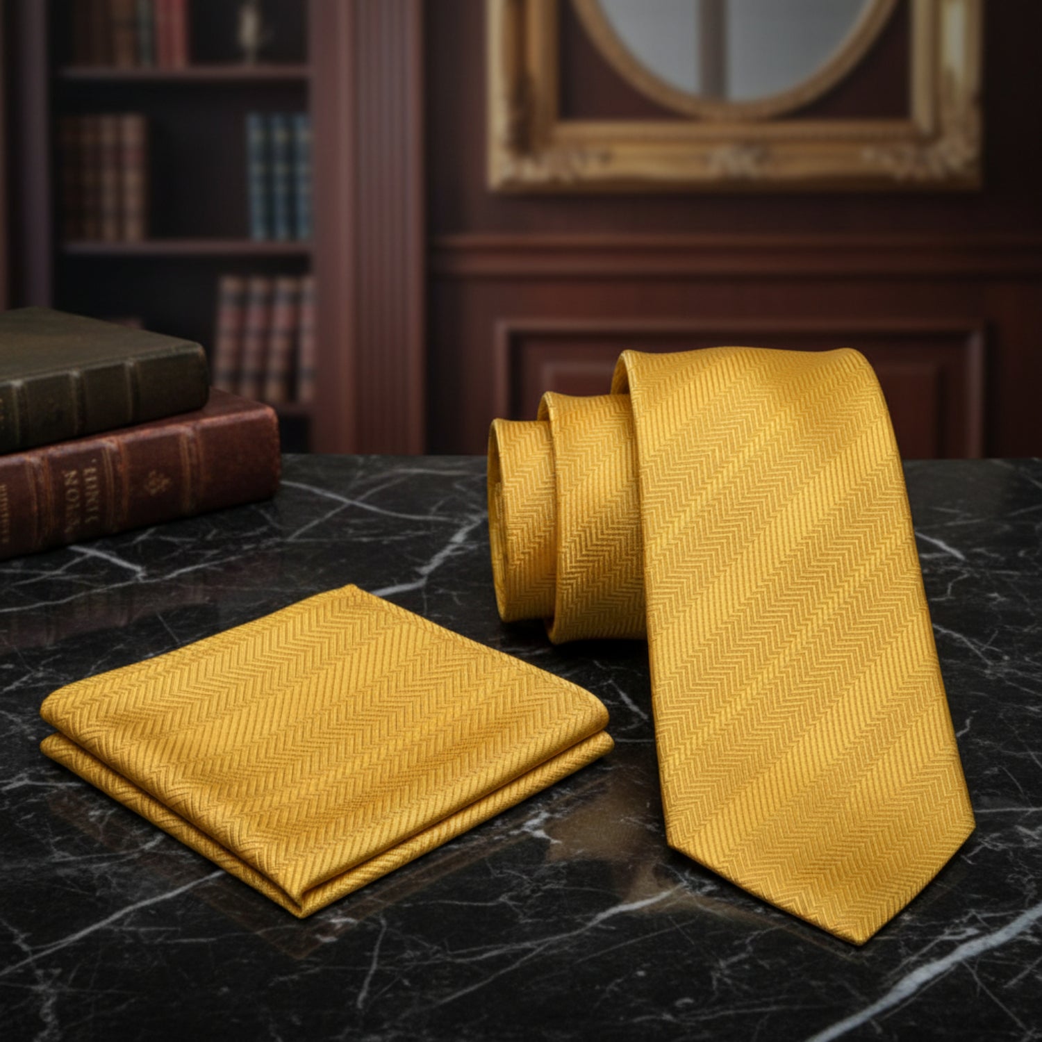 Alt View: Tuscany Yellow Solid Necktie and Pocket Square