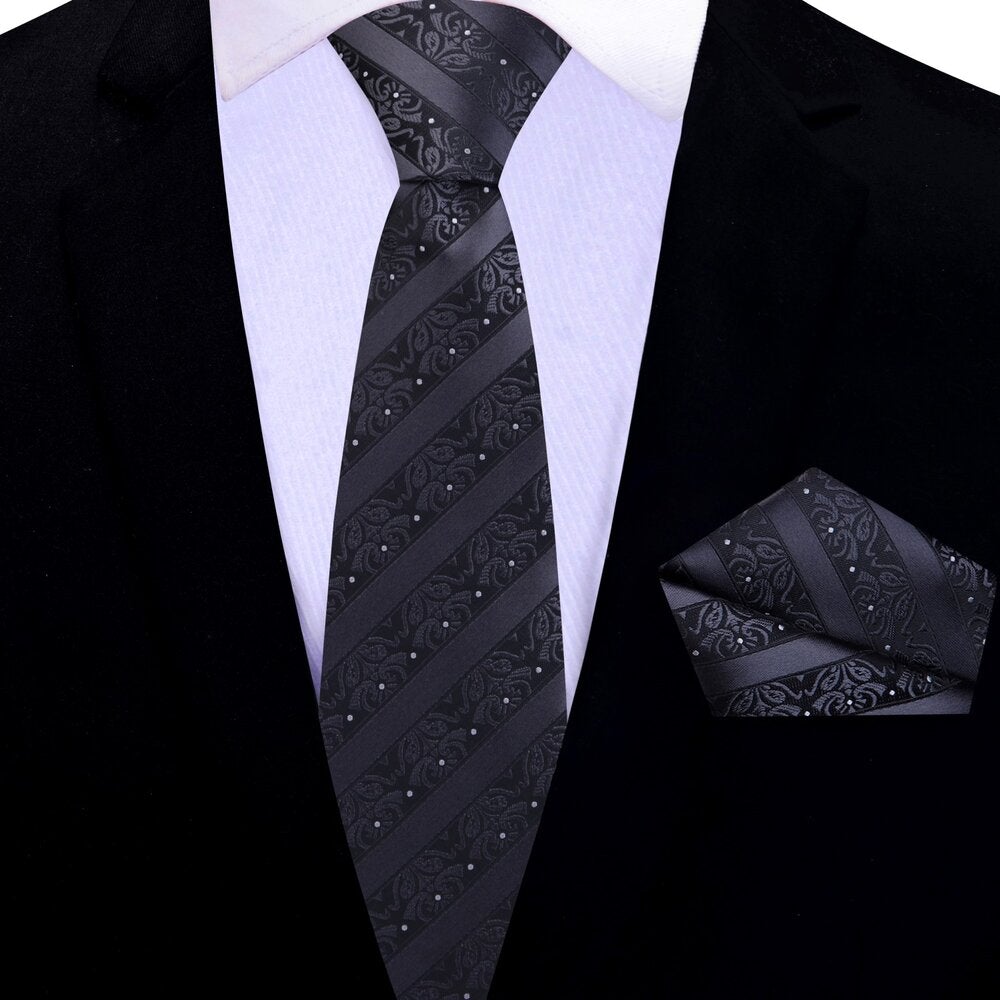 Thin Tie: Black Floral Tie and Pocket Square