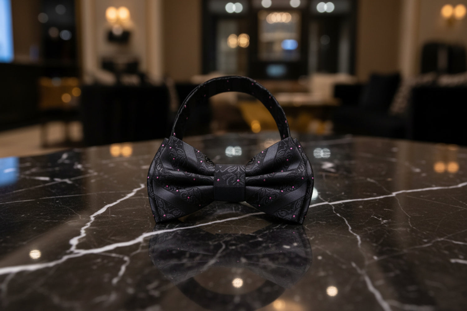 Black, Pink Dot Floral Texture Bow Tie Pre Tied