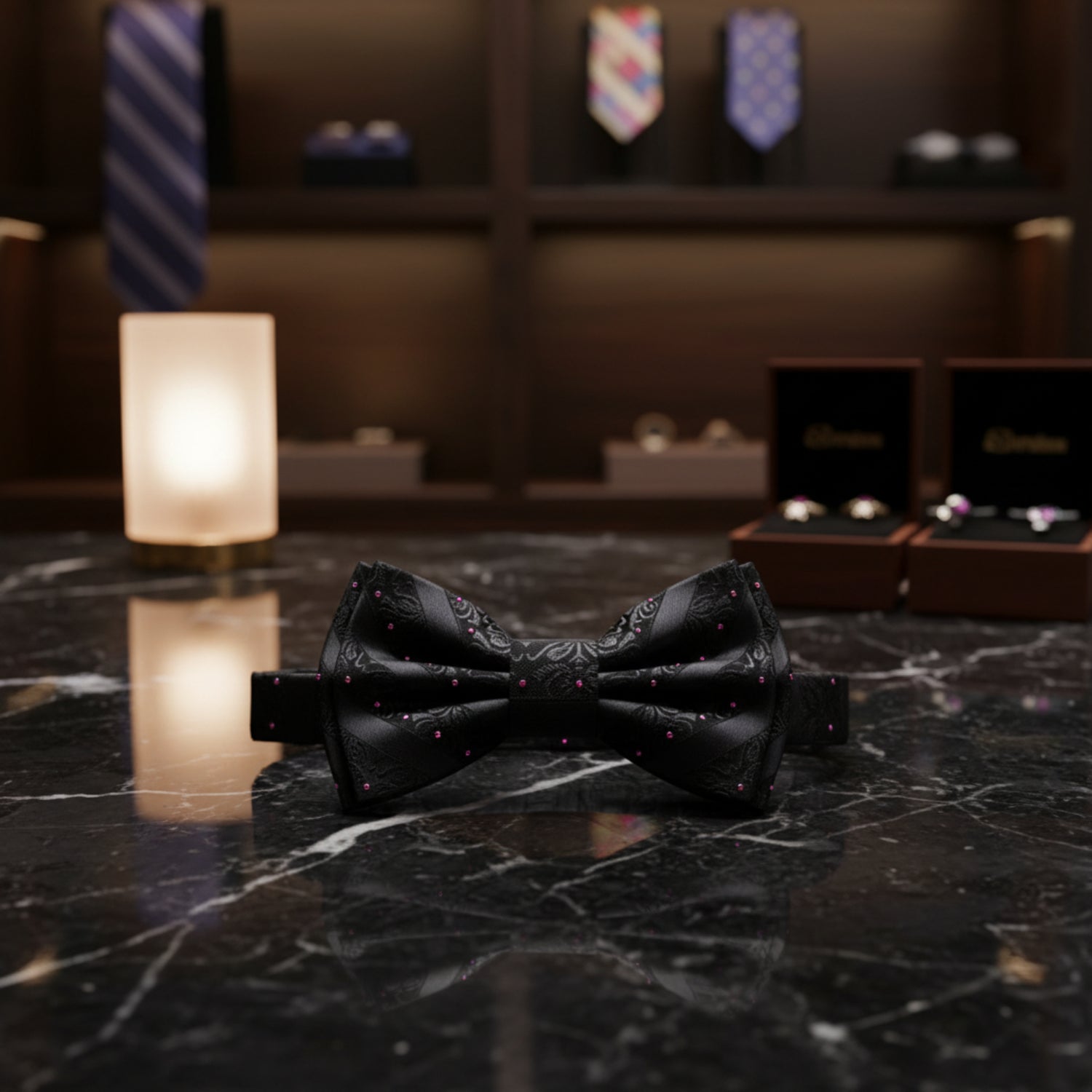 A Black Color Intricate Vine Texture Pattern Silk Kids Pre-Tied Bow Tie, 