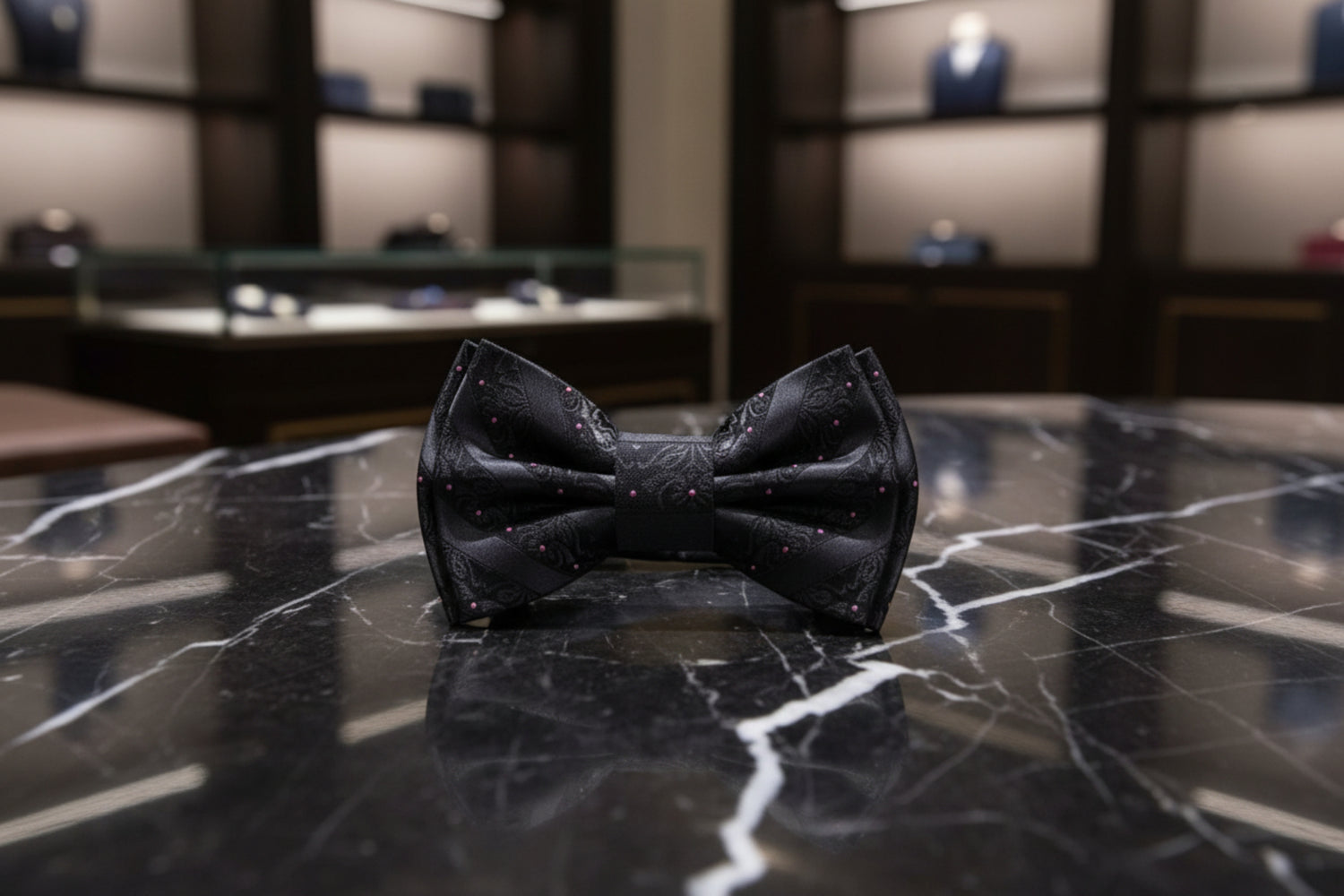 Black, Pink Dot Floral Texture Bow Tie