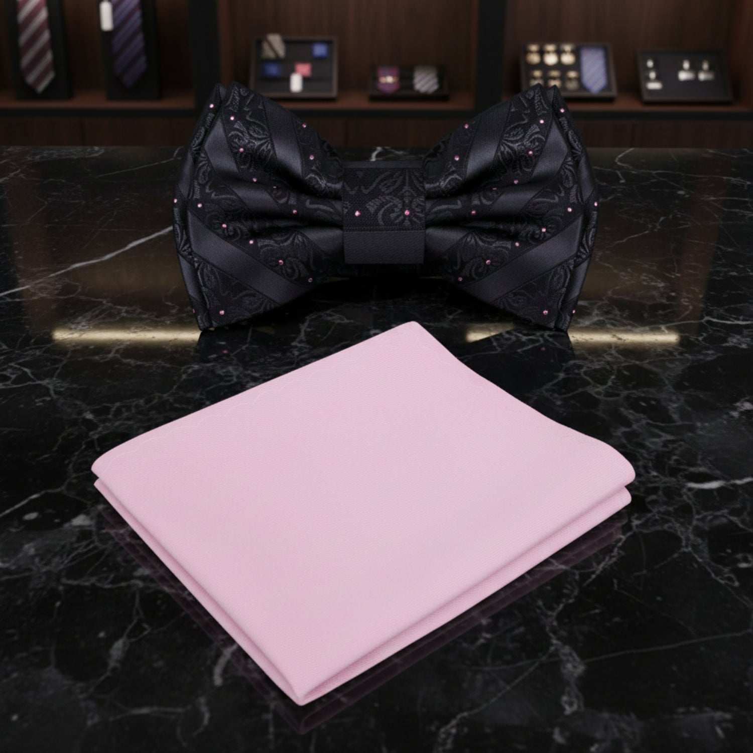 A Black Color Intricate Vine Texture Pattern Kids Pre-Tied Bow Tie, Accenting Pink Pocket Square
