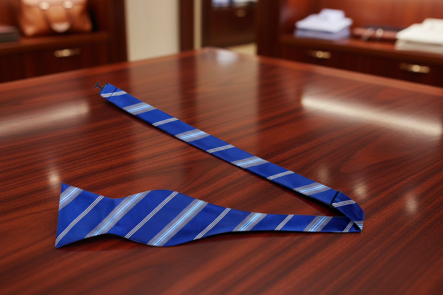 A Blue, Grey, White Stripe Pattern Self Tie Bow Tie Untied