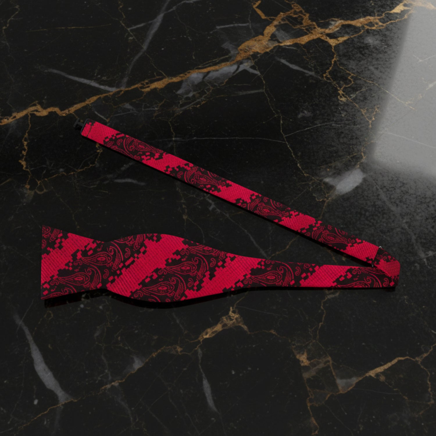 A Red, Black Geometric with Paisley Pattern Self Tie Bow Tie Untied