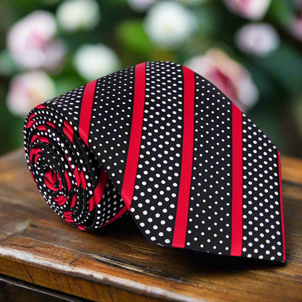 A Black Background With Red Stripes And White Dots Necktie  