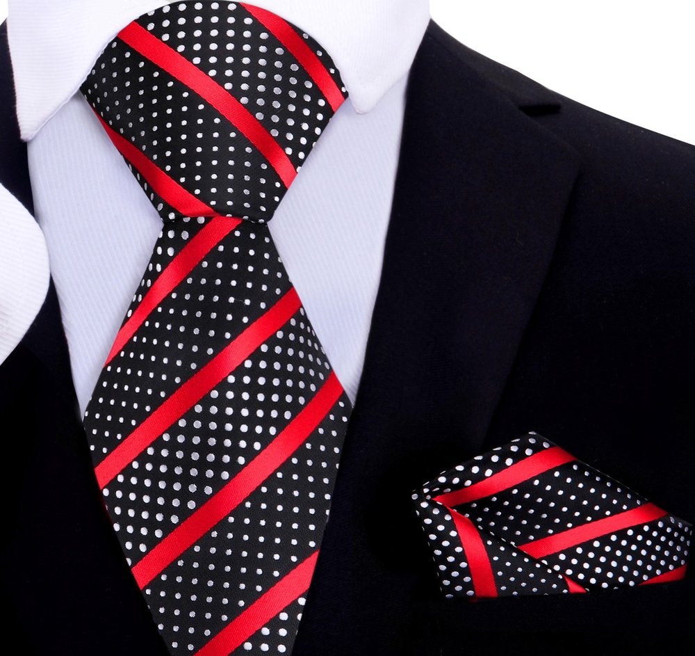A Black Silk Background With Red Stripes And White Dots Necktie With Matching Pocket Square  