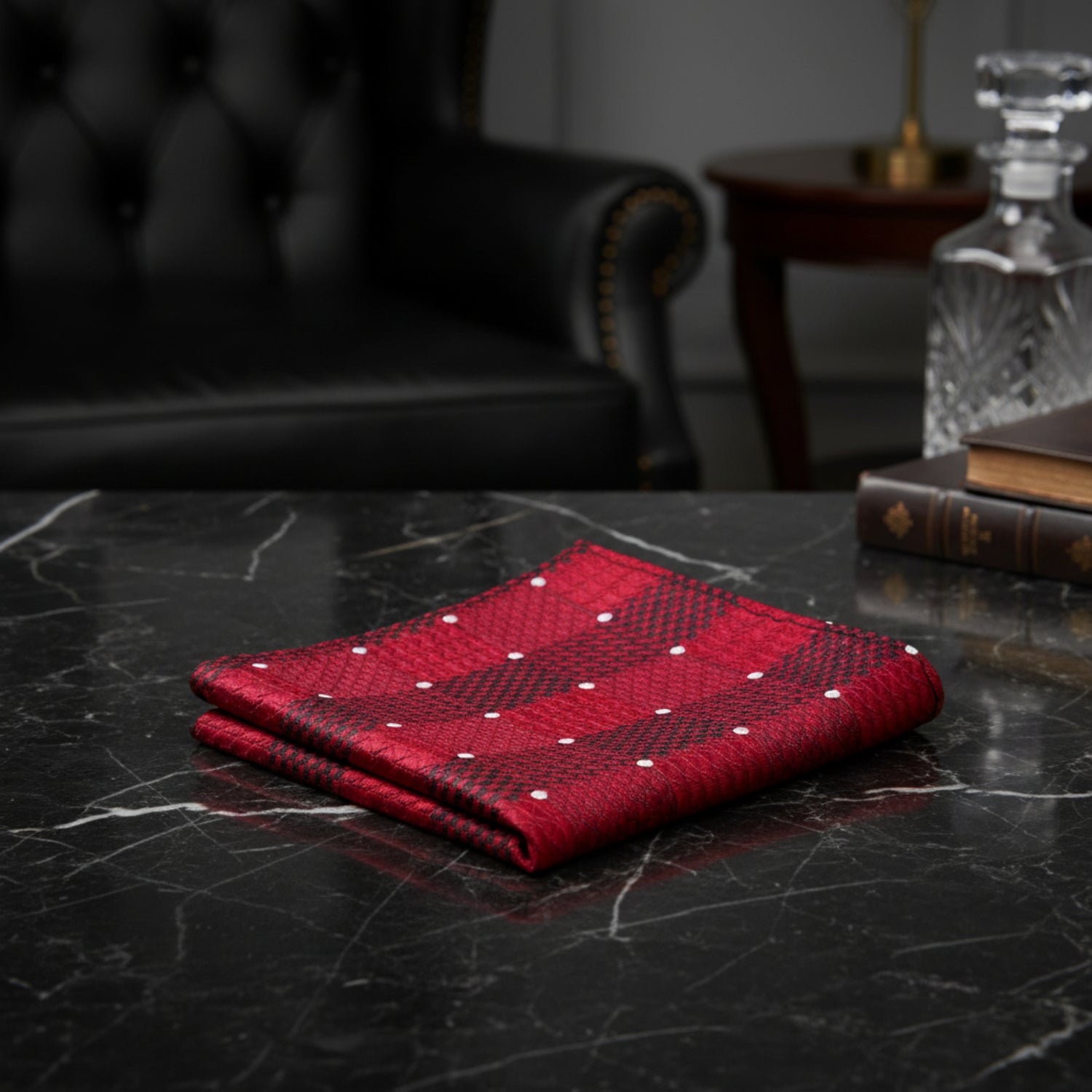 A Burgundy, White Color Geometric Check with Small Dot Pocket Square