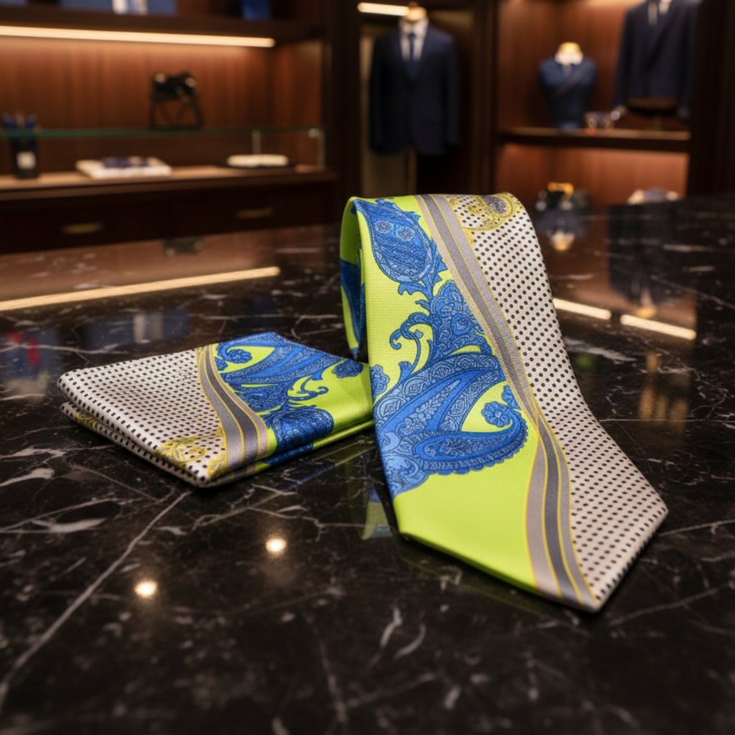 Alt view: Lime Green, Blue and Off-white abstract paisley tie and square