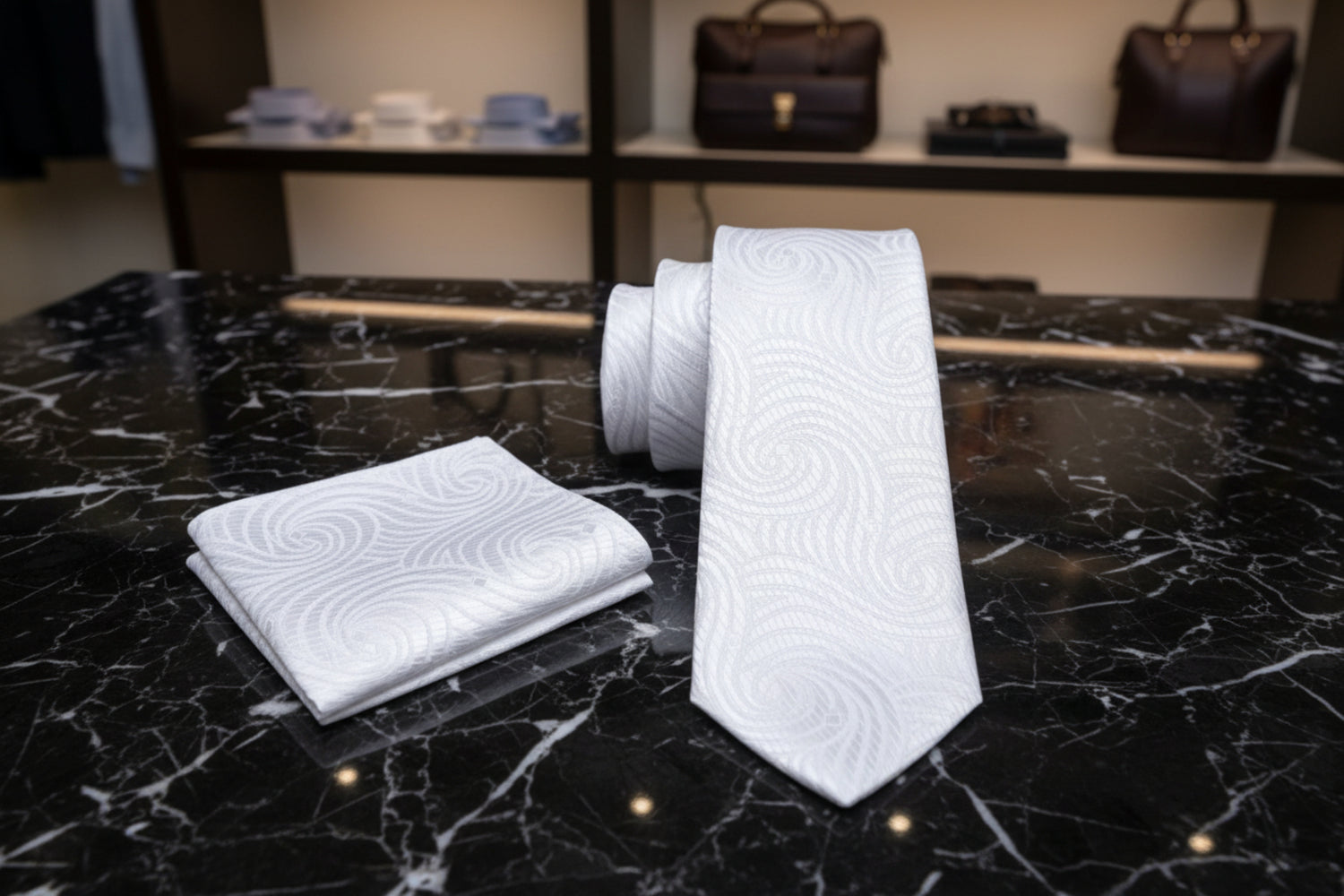 Alt View: A White Abstract Swirl Pattern Silk Necktie, Matching Pocket Square