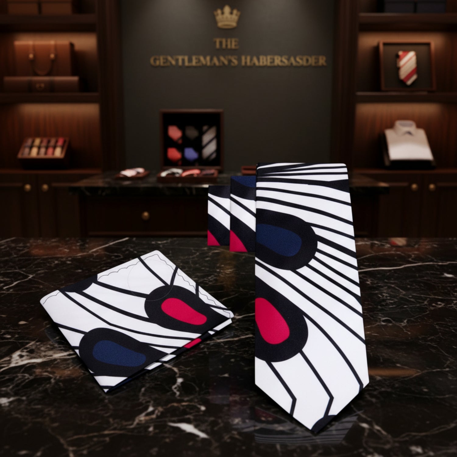 View 2 White, Black, Red, Blue Color Abstract Paisley Pattern Tie, Pocket Square