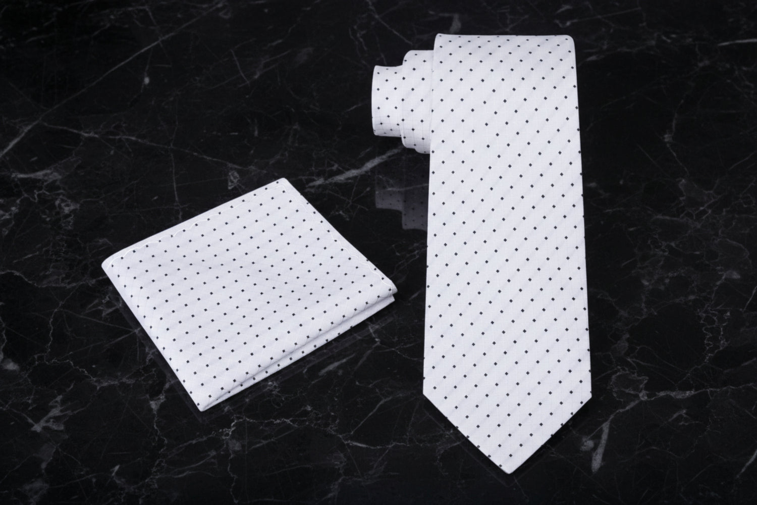 View 2: A White With Black Geometric Dots Pattern Necktie With Matching Pocket Square
