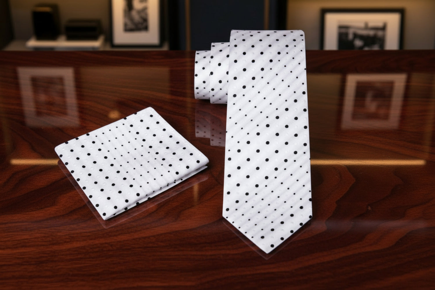Alt View: A White, Black Polka Dot Pattern Necktie, Matching Pocket Square