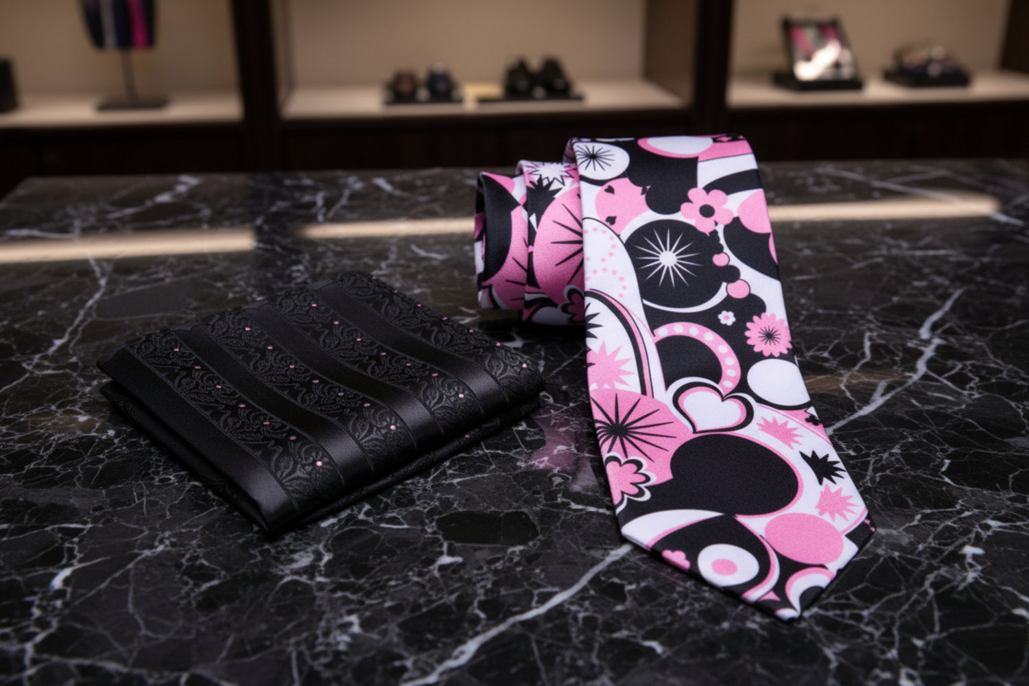 Alt View: White, Black, Pink Abstract Hearts Tie and Square