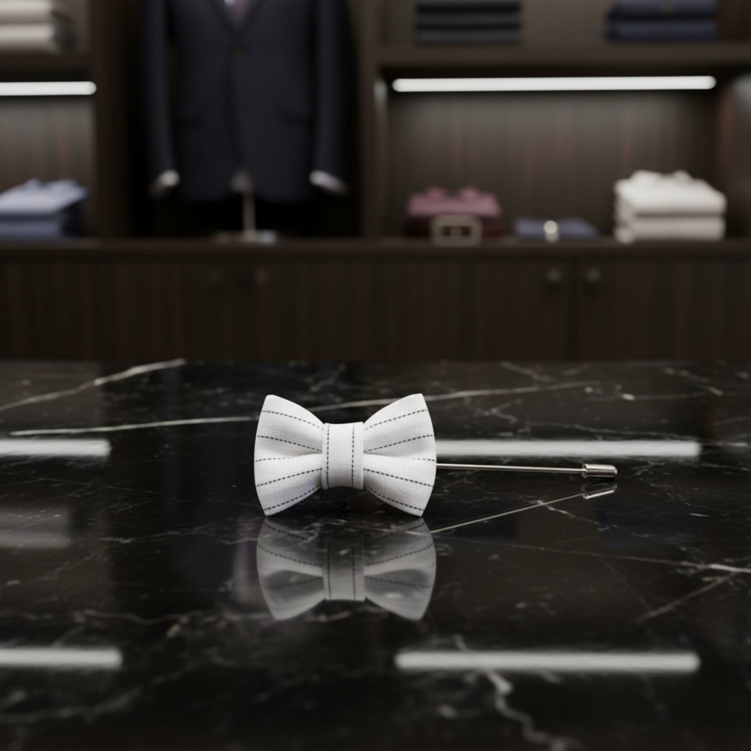 A White, Black Pinstripe Colored Bow Tie Shaped Lapel Pin||White with Black Pinstripe